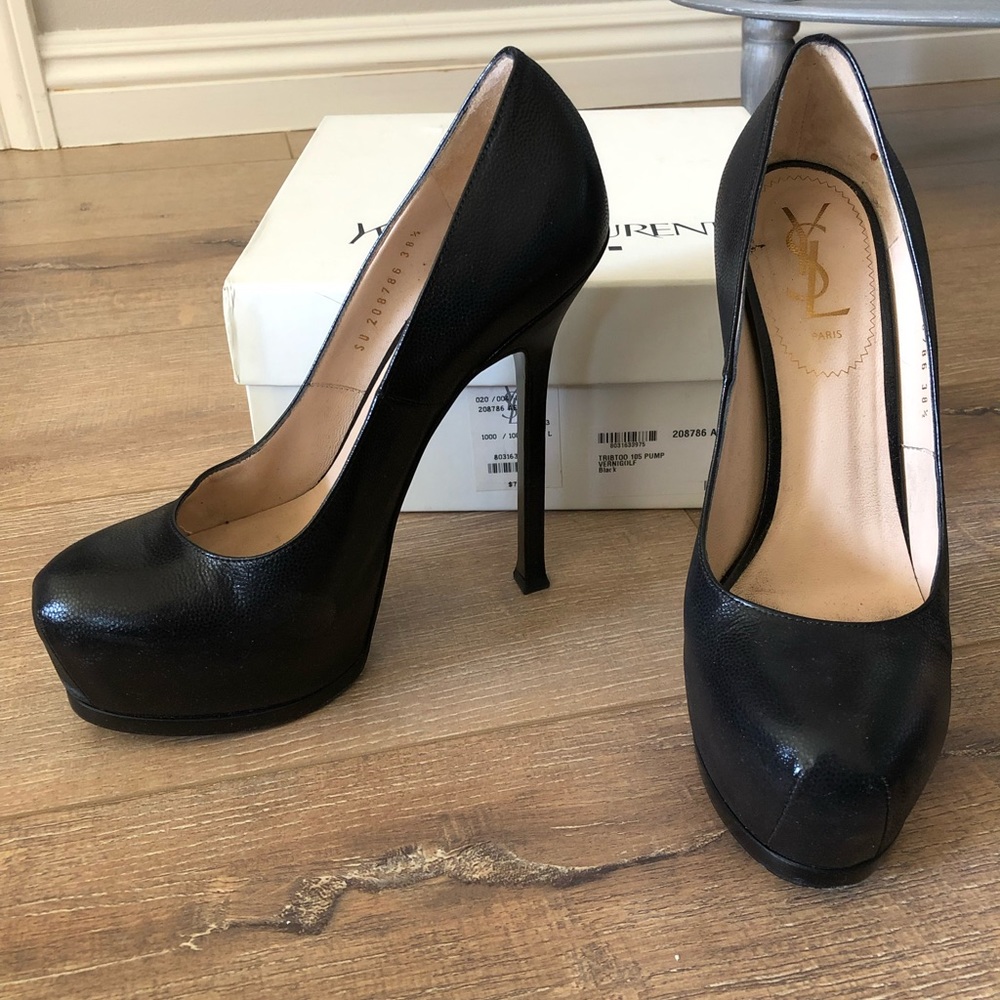 Black leather YSL platform heels